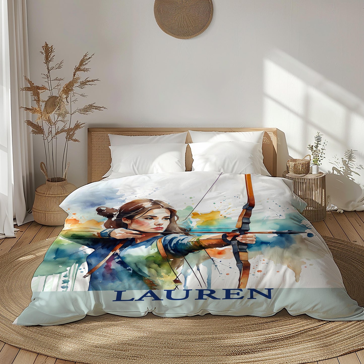Archery girl duvet cover personalized - watercolor sports bedding in bright bedroom