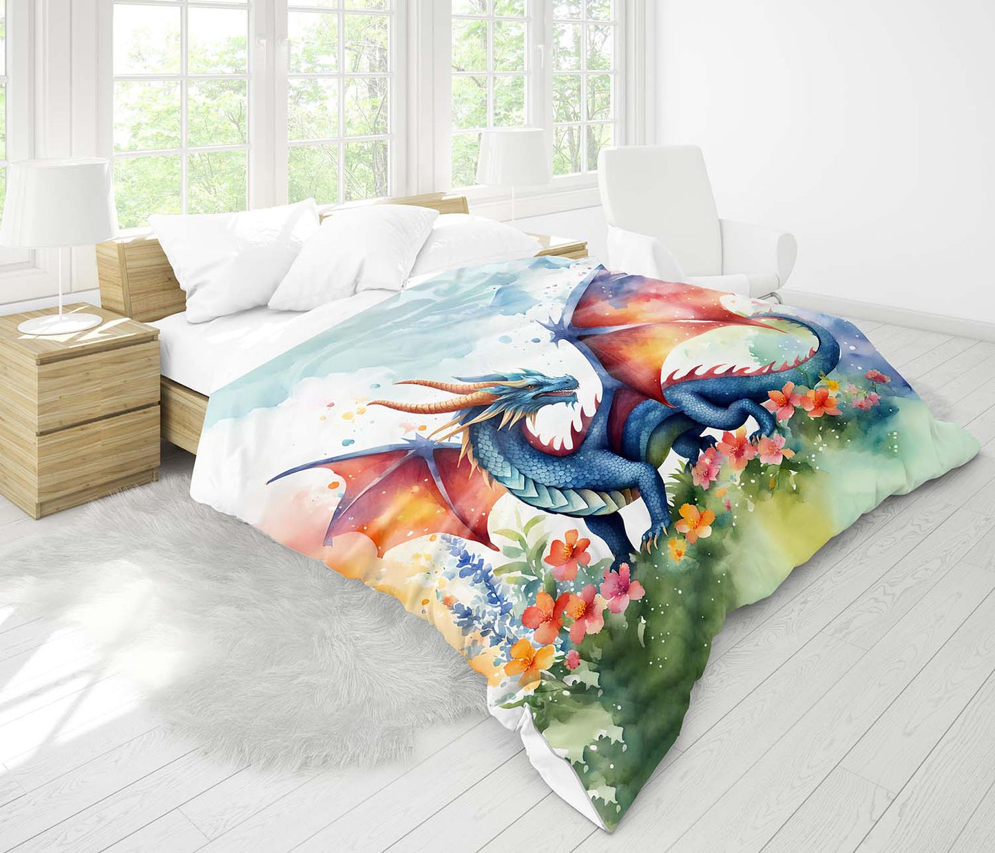 Colorful dragon duvet cover closeup watercolor illustration, fantasy art bedding mythical creature