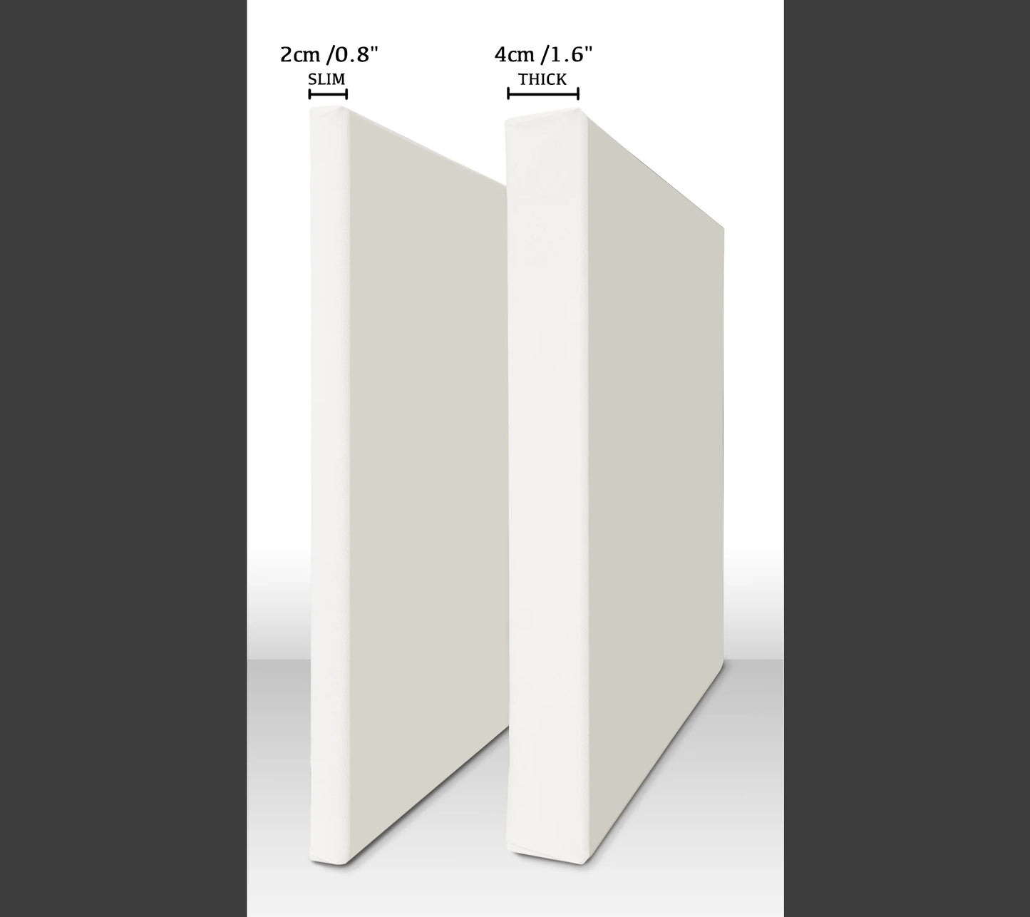 Two white canvases with indicated different thickness measurements.