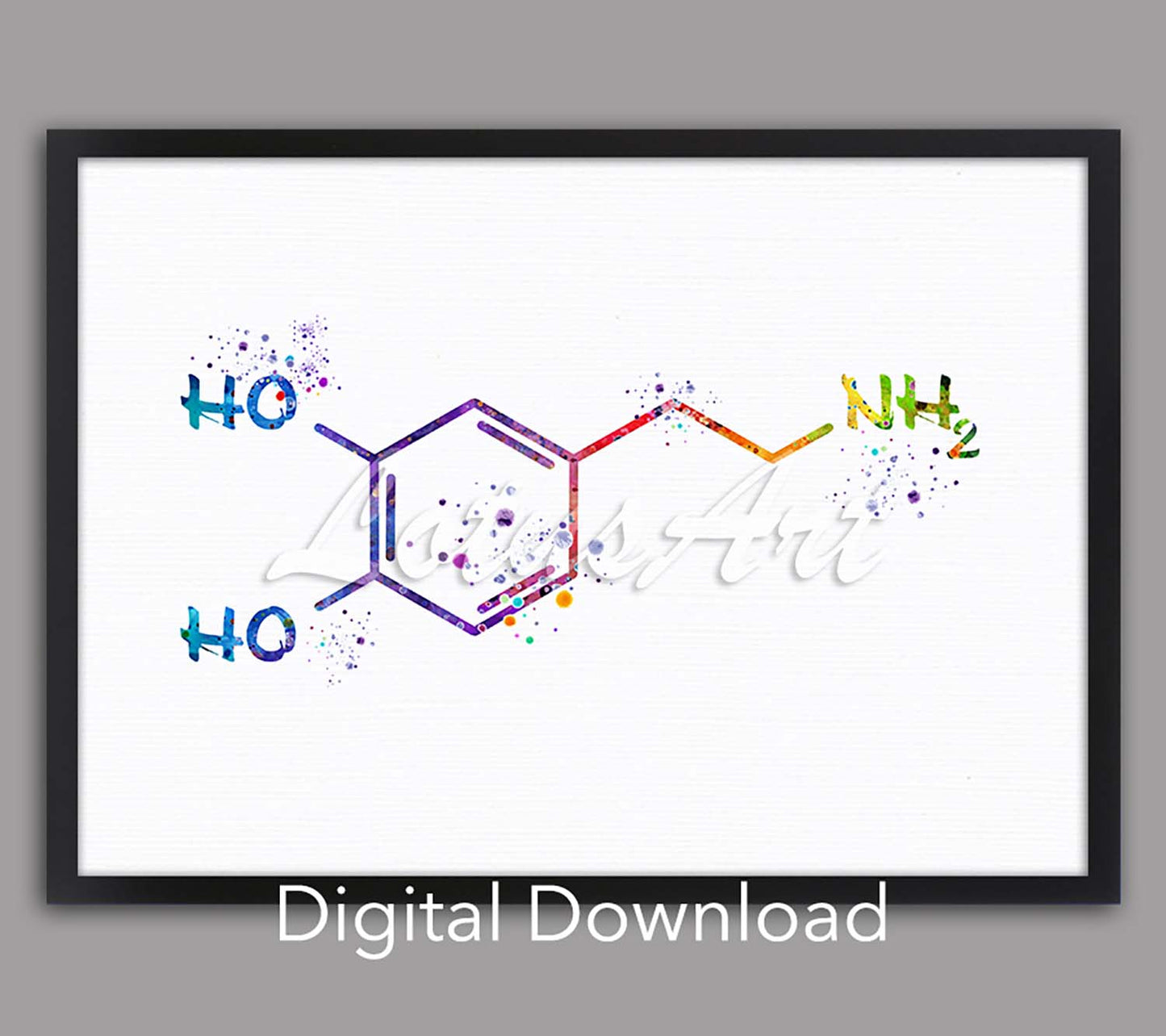 Dopamine molecule watercolor print in rainbow tones, neuroscience poster, instant digital download for medical office decor