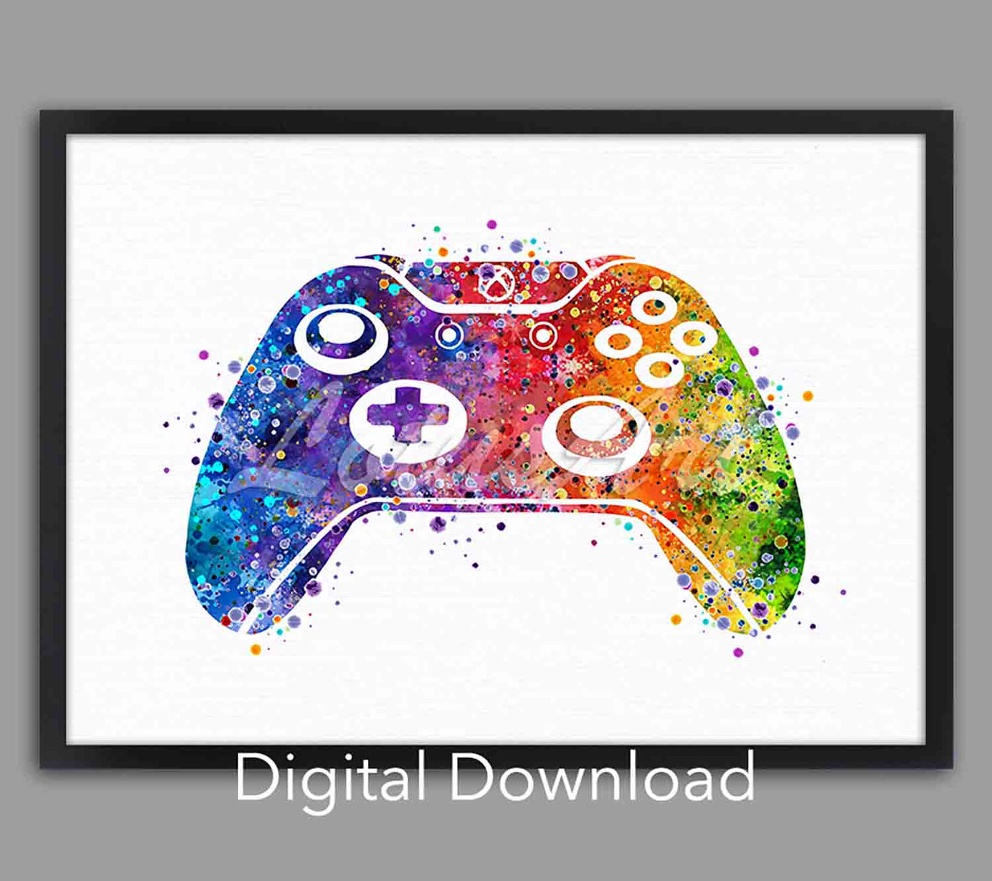 Game controller watercolor print in rainbow tones, gaming art print, instant digital download for boys room & game room decor