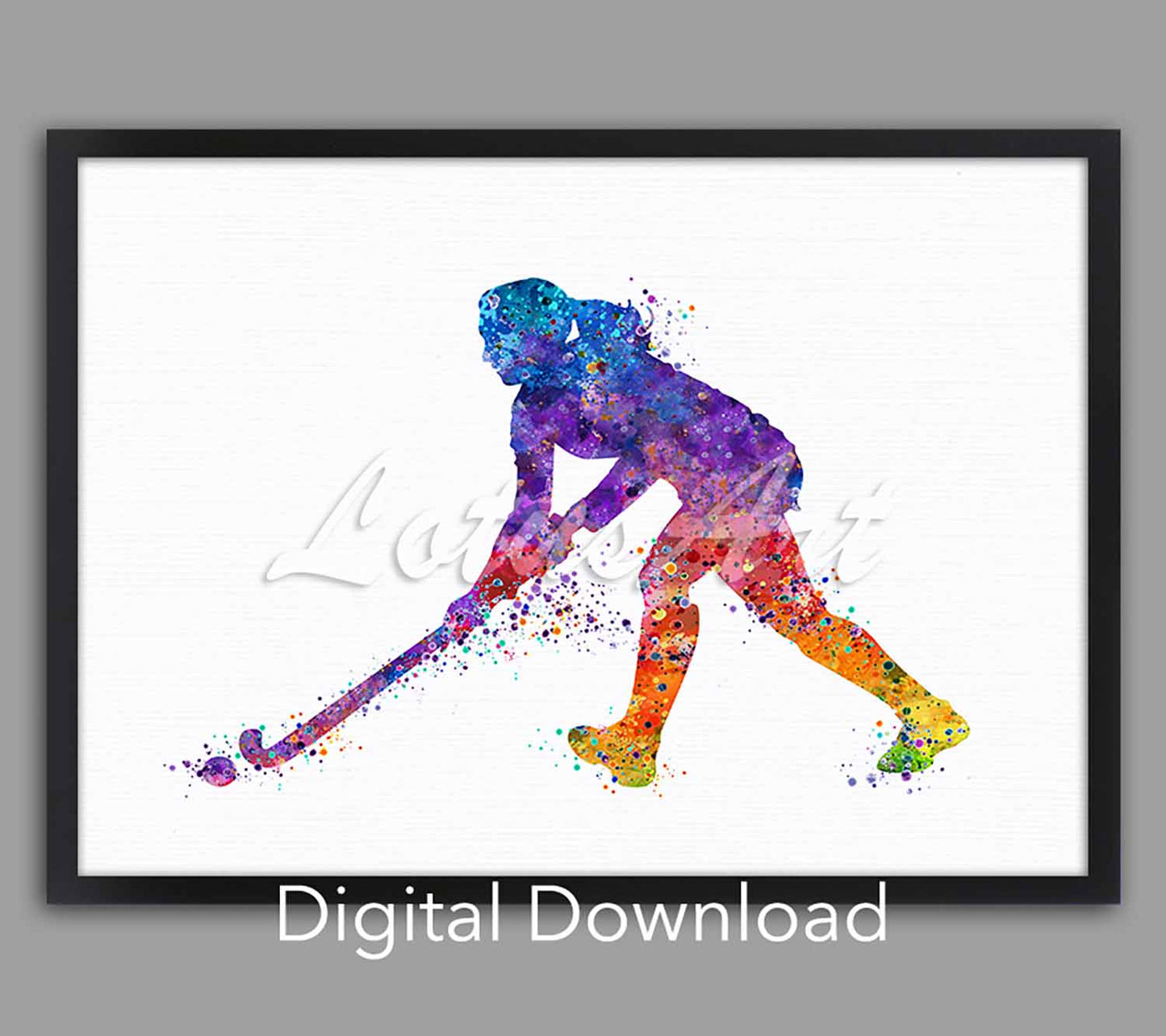 Girl field hockey player watercolor print in rainbow, sports art, instant digital download for girls room & sports wall decor