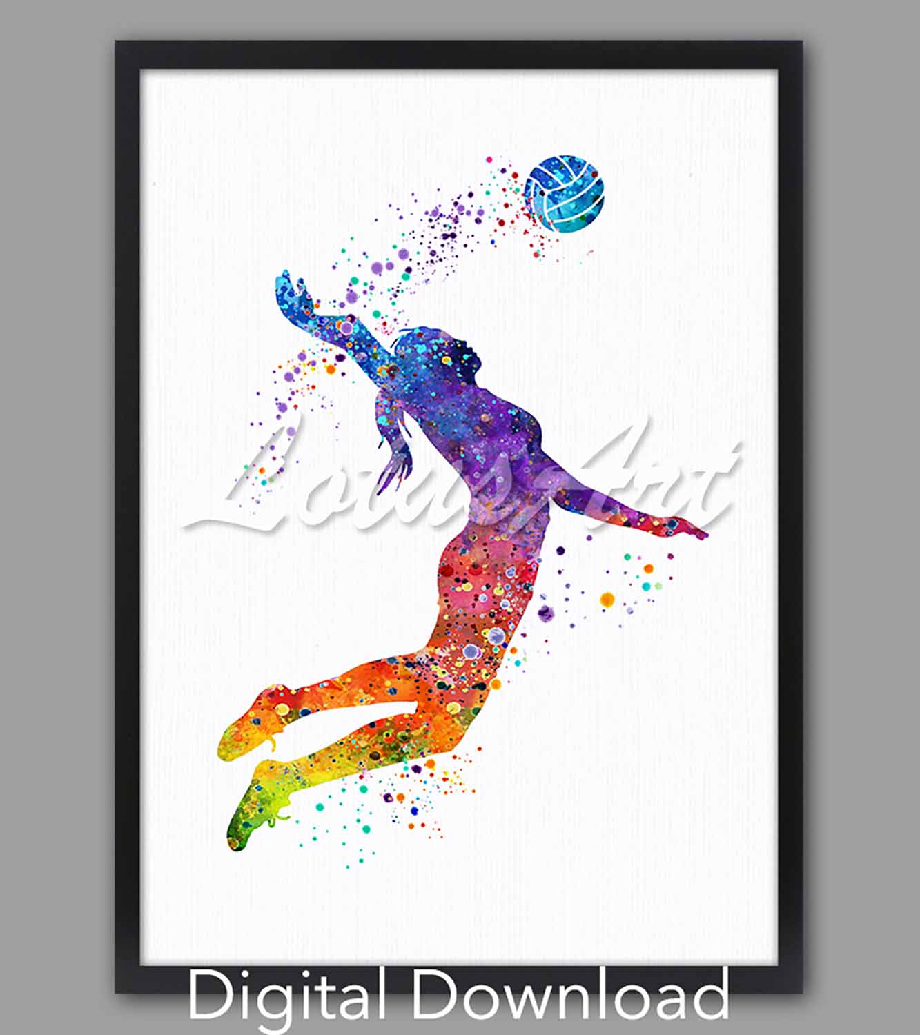 Girl volleyball player watercolor print in rainbow, sports art illustration, instant digital download for girls room decor