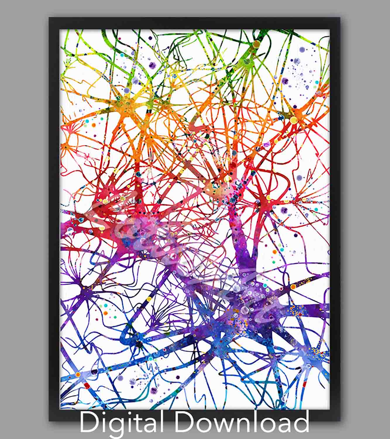 Neural network watercolor print in rainbow, brain anatomy art, medical instant digital download for neurology office decor