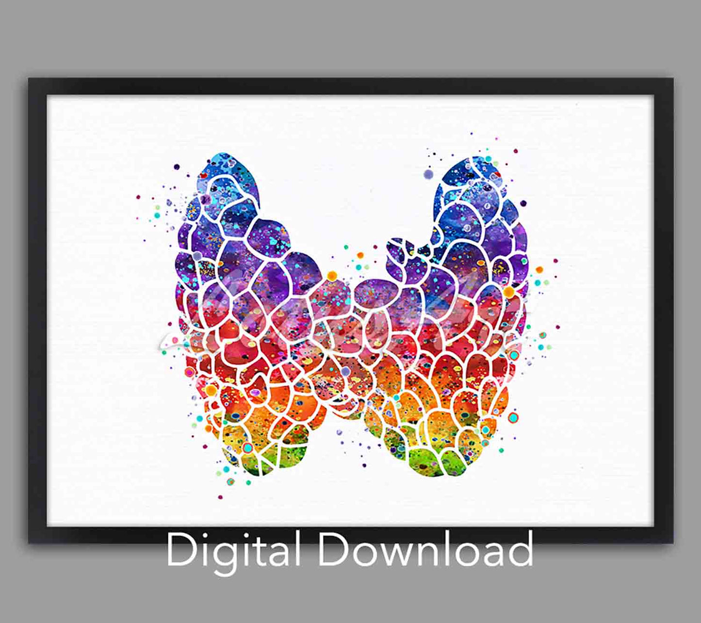 Thyroid gland watercolor anatomy art print digital download, colorful doctor gift, rainbow medical office & clinic decor