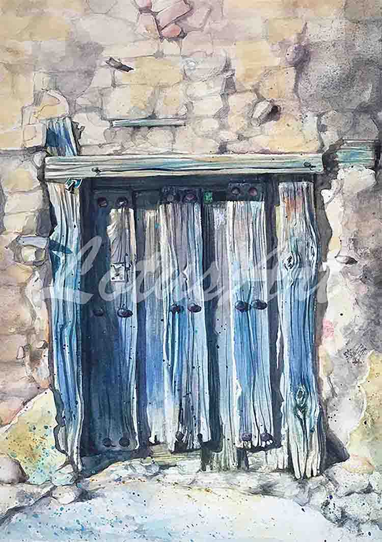 Rustic old blue wooden door watercolor art — vintage door wall decor by Lotus Art Gifts