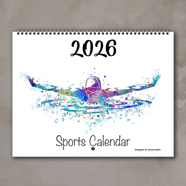 2026 sports wall calendar featuring watercolor butterfly swimmer with water splash effects in multicolor