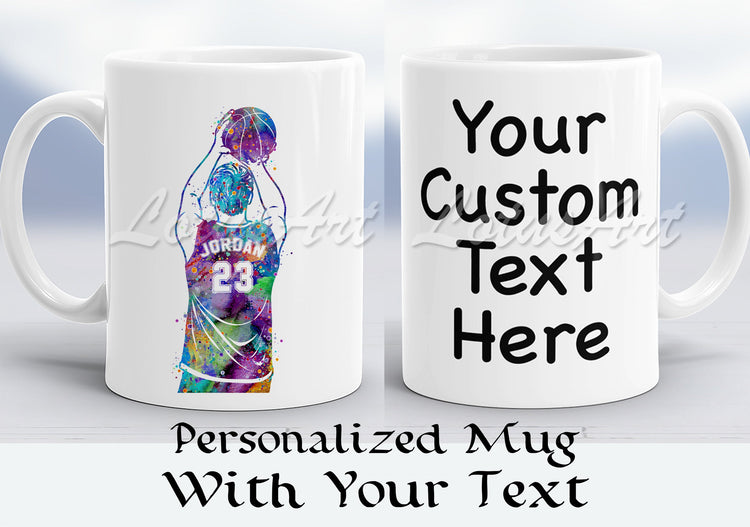 Personalized white sports mug with colorful watercolor basketball boy player and custom jersey name and number
