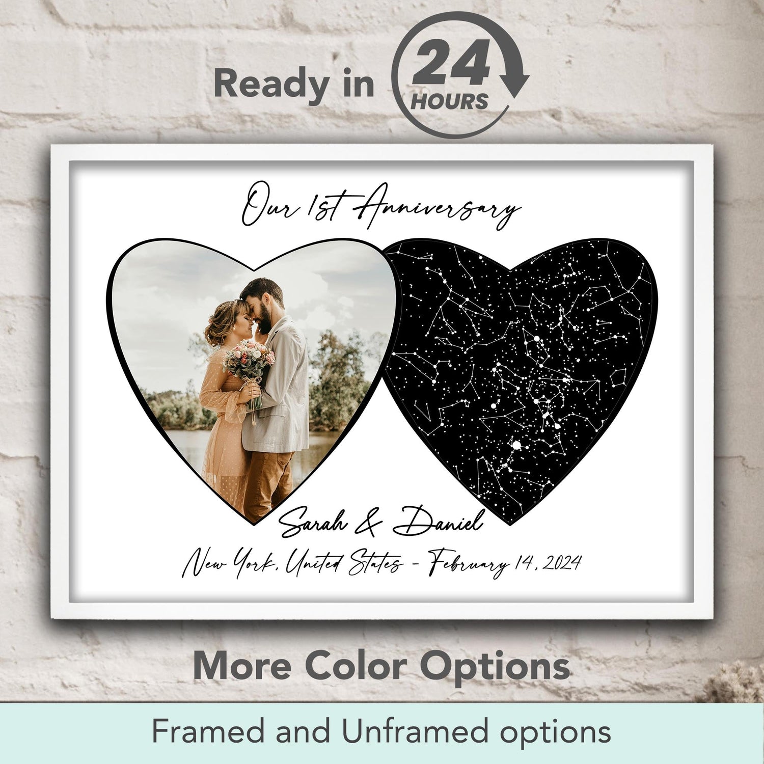 Personalized star map wall art with couple photo and night sky constellation in heart shapes, names and date