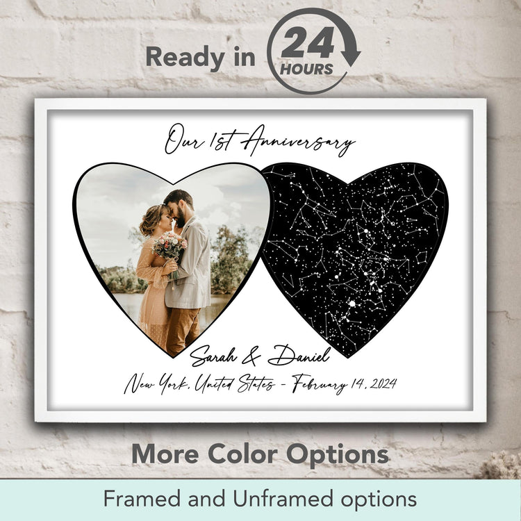 Personalized star map wall art with couple photo and night sky constellation in heart shapes, names and date