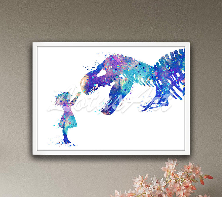 Watercolor art print of girl and T-Rex dinosaur in blue and purple tones