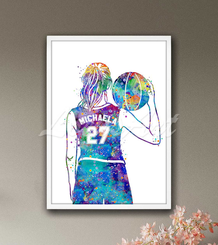 Girl basketball player multicolored watercolor art print with custom name and jersey number