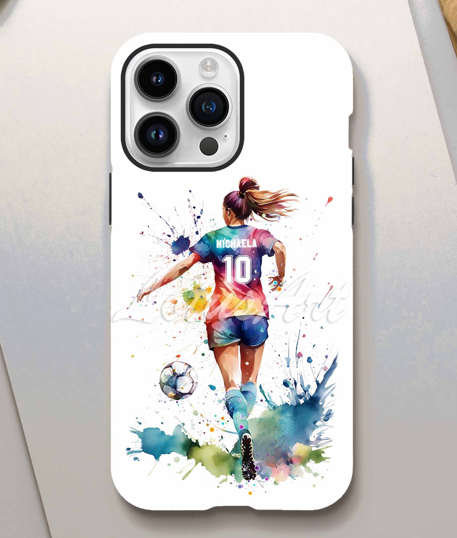 Personalized girl soccer phone case with watercolor art, custom name and jersey number — Sports Phone Cases collection