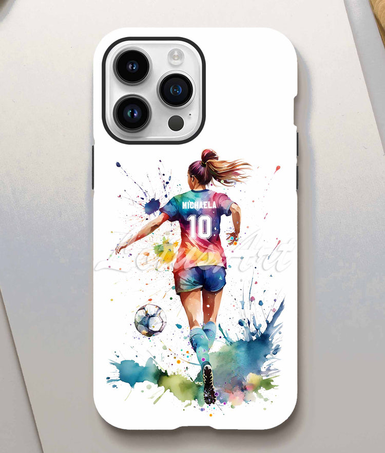 Personalized girl soccer phone case with watercolor art, custom name and jersey number — Sports Phone Cases collection