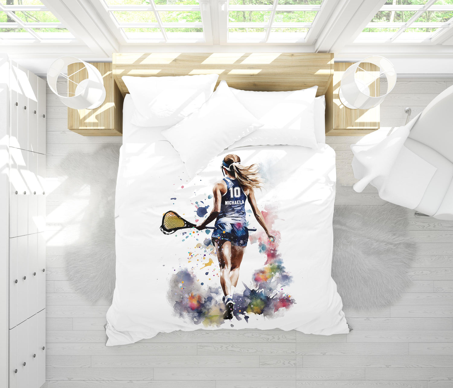Personalized girl lacrosse watercolor comforter - custom name and jersey number sports bedding in bright bedroom