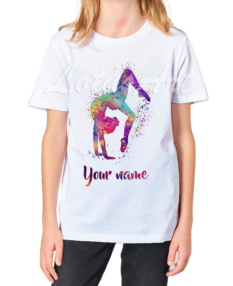 Personalized kids t-shirts with name, watercolor art print — gymnastics, sports, animals, fantasy gifts for girls and boys