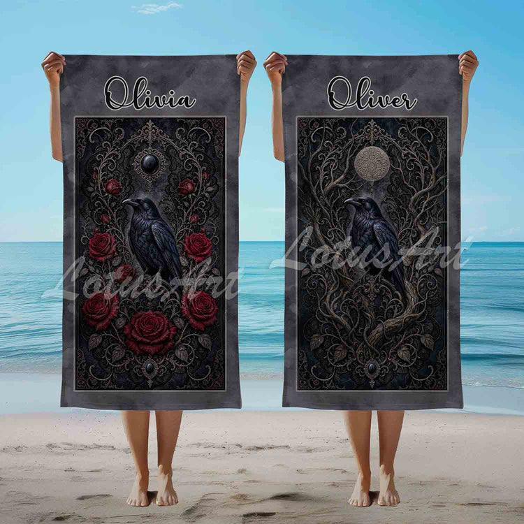 Personalized gothic raven beach towels for love couples with custom names — dark floral red roses design, shown on beach
