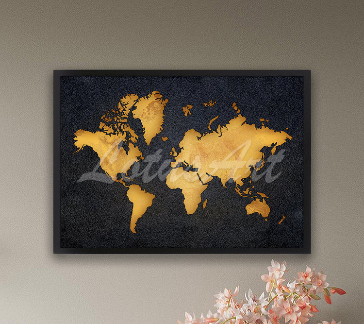 World map wall art print in yellow-gold and black textured design