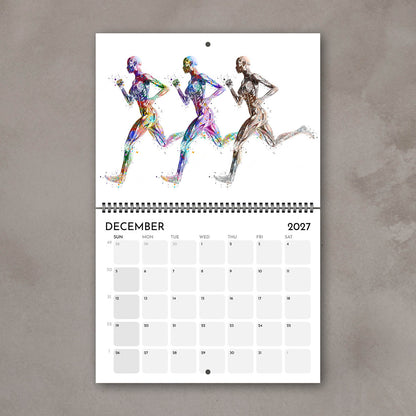 2027 anatomy wall calendar December page with running body muscles artwork, sports watercolor decor