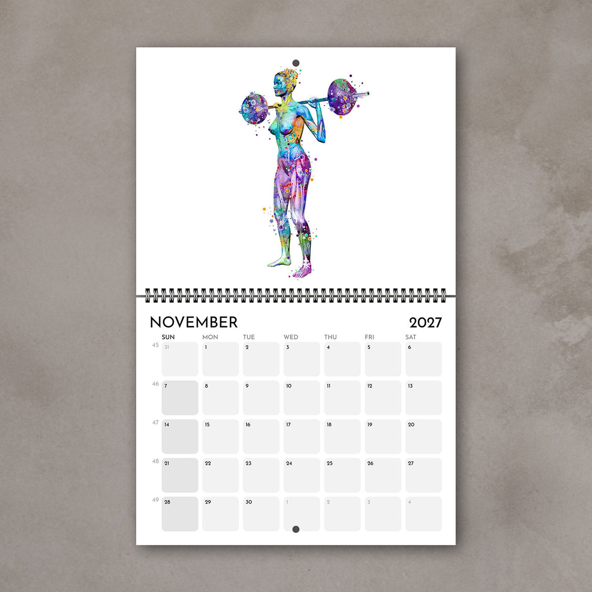 2027 medical wall calendar November page showing body muscles in weightlifting, sports watercolor poster