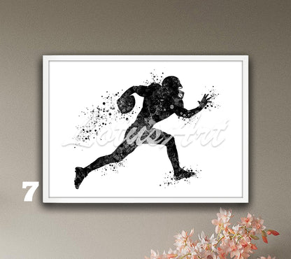 American football player watercolor sports art in black-white - minimalist kids room decor