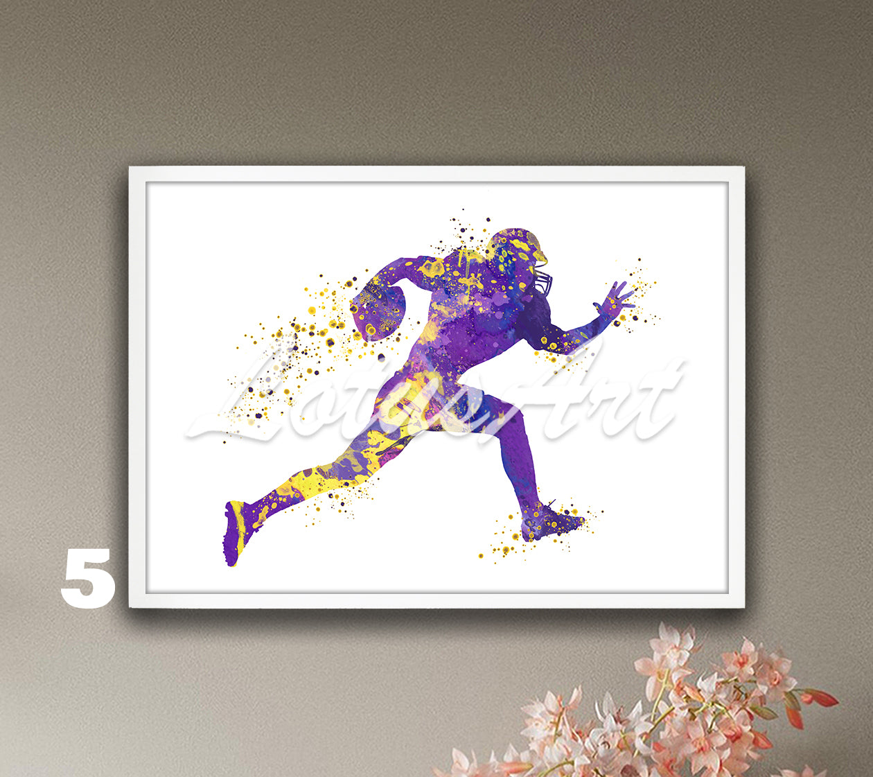American football player watercolor sports print in purple and yellow tones - kids room decor