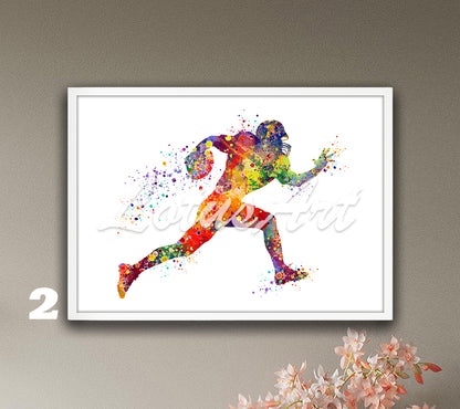 American Football Player Watercolor Wall Art – Sports Poster & Gifts for Kids Room Decor