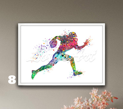 American football player watercolor sports art decor in colorful rainbow palette - kids room wall art