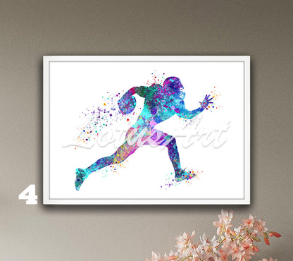 American football player watercolor sports poster in blue-purple - kids room wall art