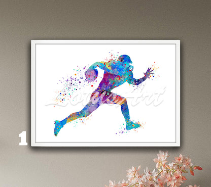 American football player watercolor wall art in multicolor - sports poster for kids room decor