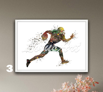 American football player watercolor sports wall art print in brown tones - kids room decor