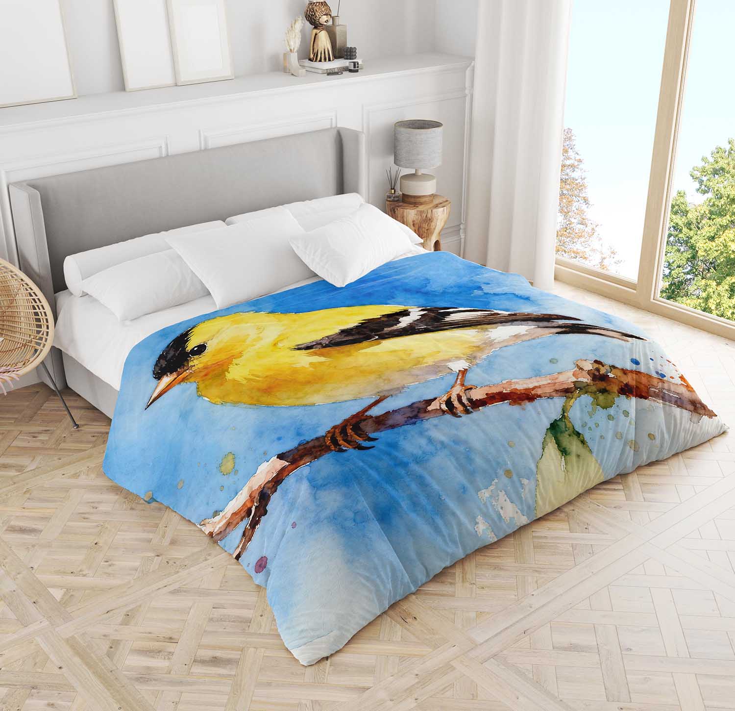 American goldfinch comforter on queen bed, wildlife watercolor bedding gift for nature enthusiasts