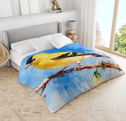 American goldfinch comforter on queen bed, wildlife watercolor bedding gift for nature enthusiasts