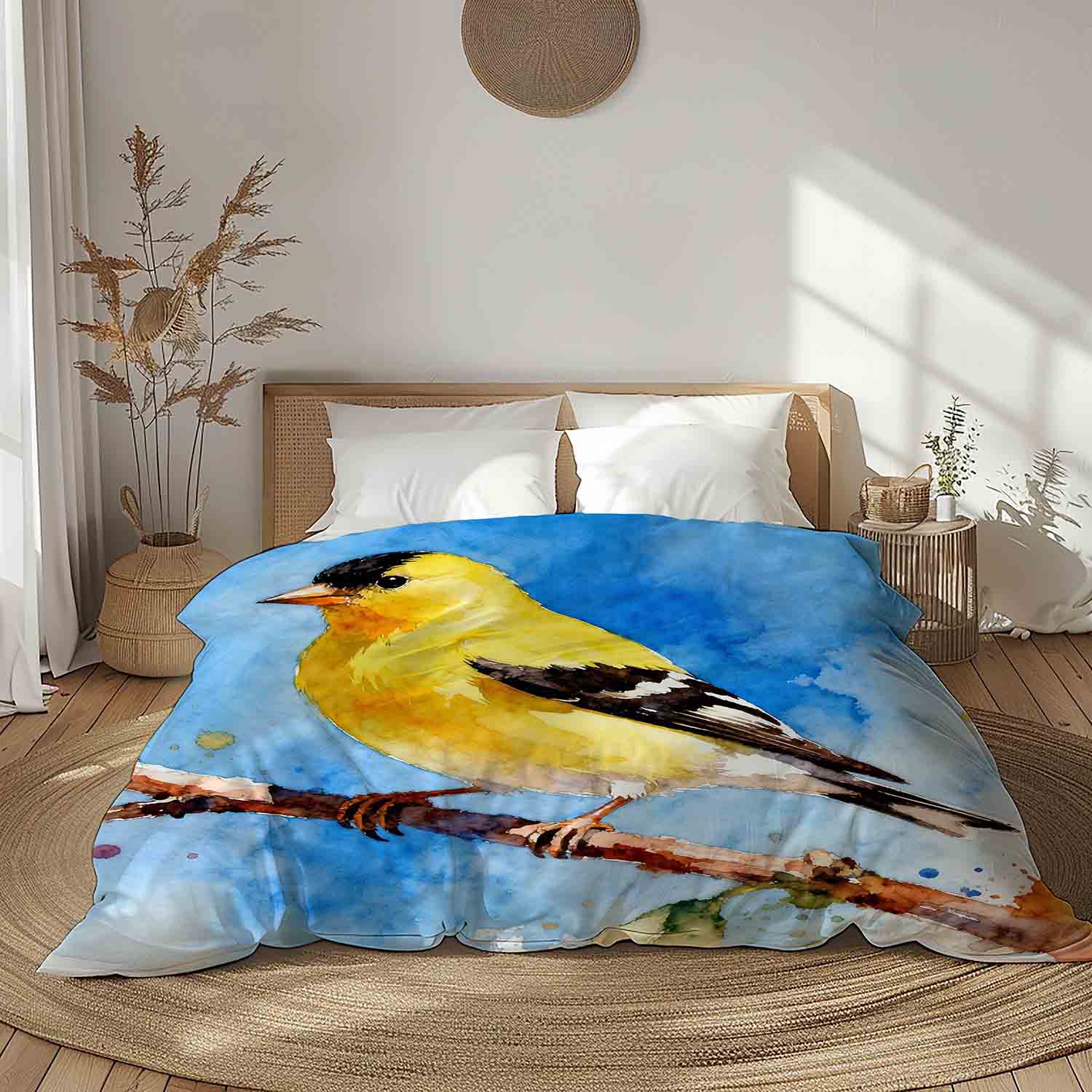 American goldfinch comforter on queen bed, watercolor bird art nature bedding for bird lovers