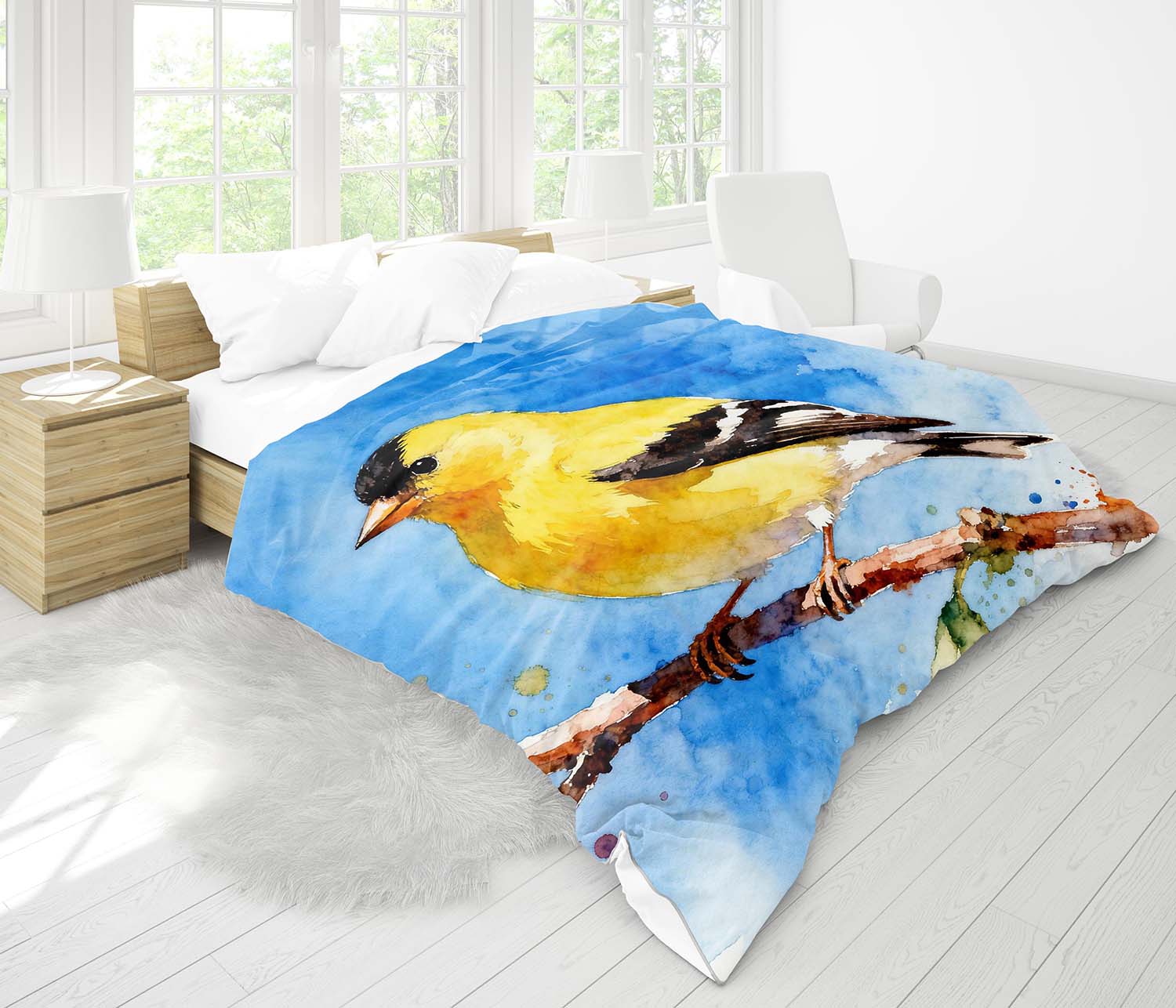 American goldfinch comforter on twin bed, watercolor yellow bird art bedding for kids and adults