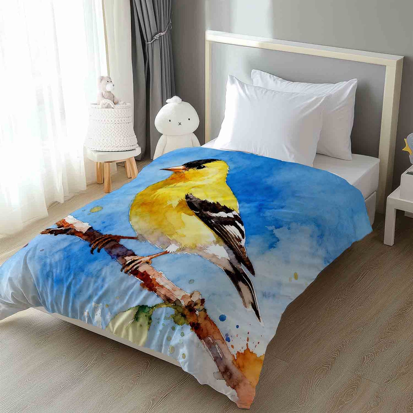 American goldfinch comforter watercolor bird art nature bedding on blue background, twin queen king sizes