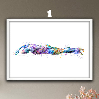 Swimmer body muscles anatomy watercolor art print in blue purple, medical sports wall decor & doctor gift for swim clinics