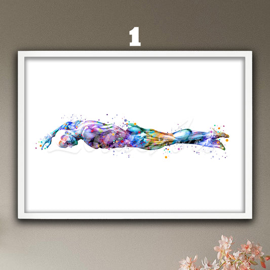 Swimmer body muscles anatomy watercolor art print in blue purple, medical sports wall decor & doctor gift for swim clinics