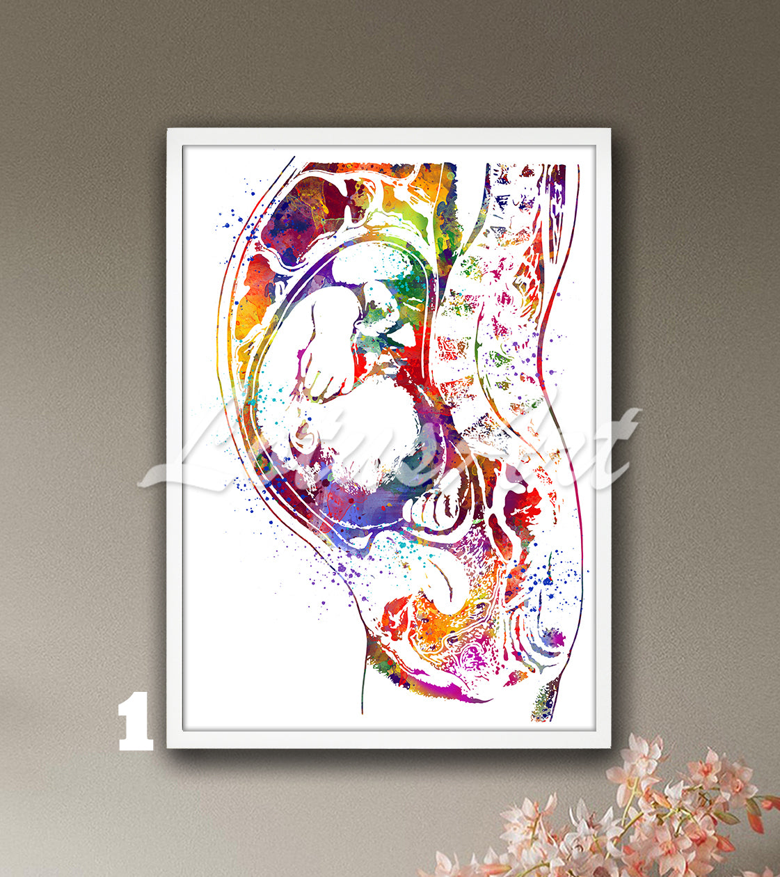 Art print of a beautiful and detailed watercolor painting showing a baby in the womb during pregnancy in multi-color.
