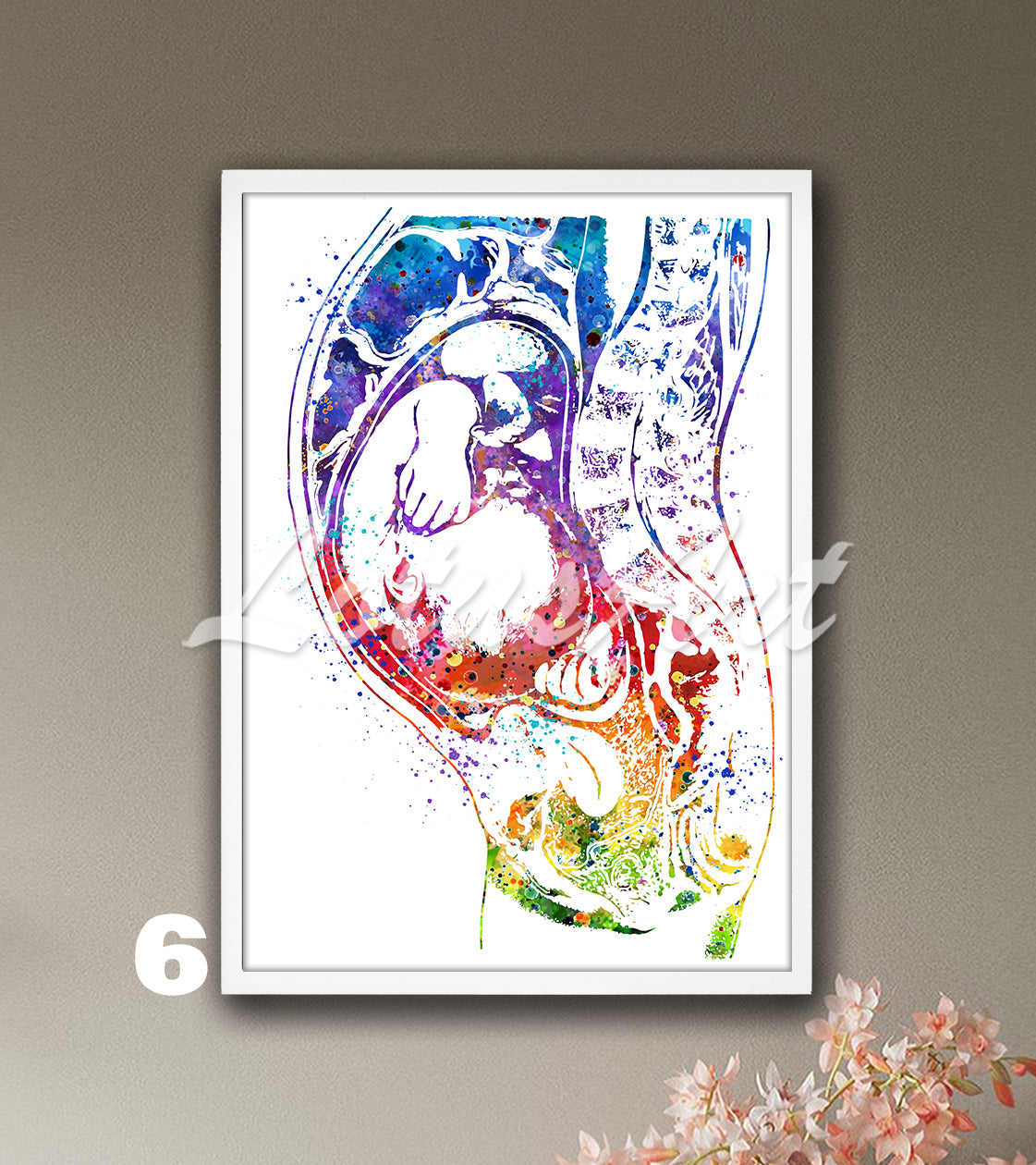 Art print of a beautiful watercolor painting in rainbow colors depicting a baby in the womb during pregnancy.