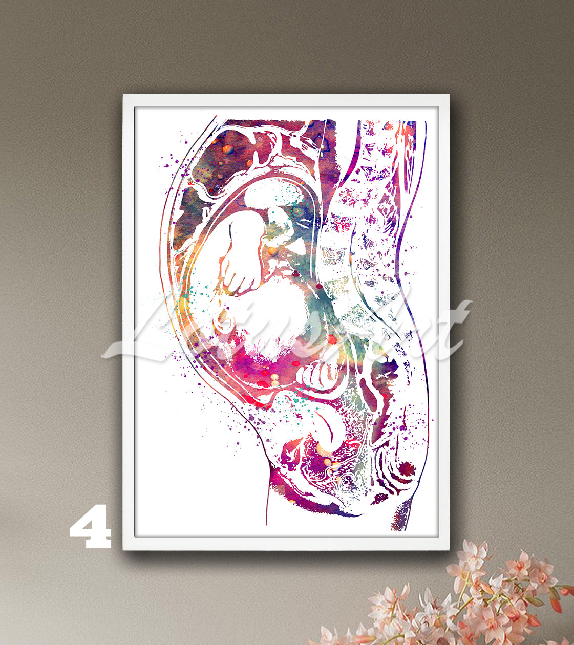 Colorful art print of a beautiful watercolor painting depicting a baby in the womb during pregnancy.