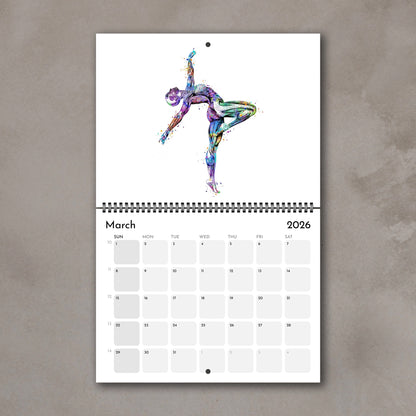 2026 anatomy wall art calendar with human body muscles of gymnast, sports medical watercolor illustrations