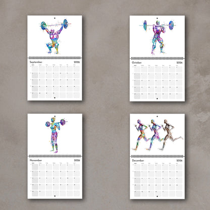 2026 anatomy watercolor wall art calendar with human body muscles in sports, gift for medical students and doctors