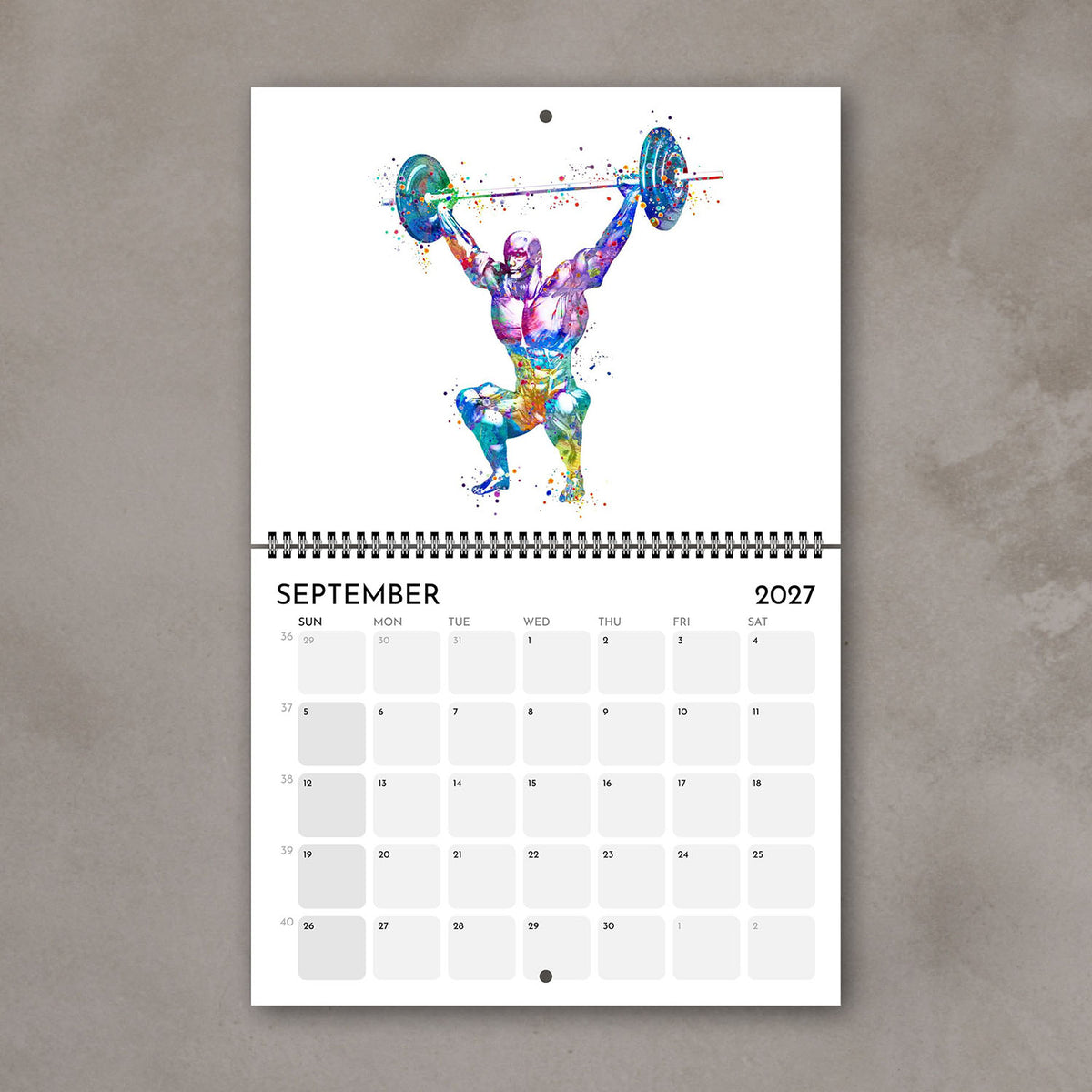 2027 anatomy wall calendar September page with weightlifting body muscles illustration, sports watercolor painting