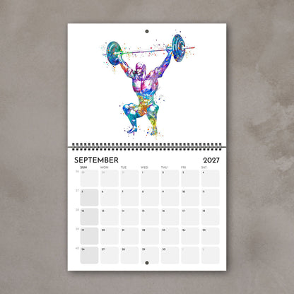 2027 anatomy wall calendar September page with weightlifting body muscles illustration, sports watercolor painting