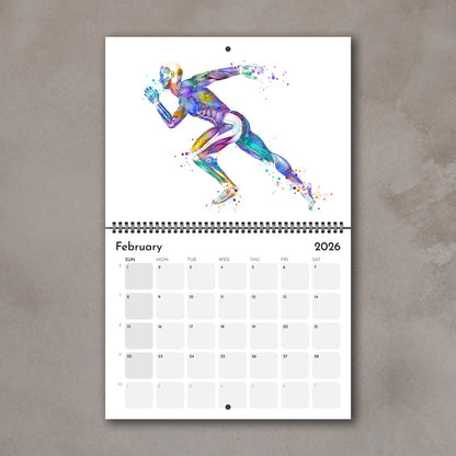 2026 anatomy wall calendar spreads featuring human body muscles, medical artwork of sports running