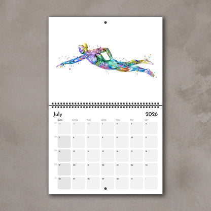 2026 anatomy wall calendar showing watercolor human body muscles in swimming, sports medical art