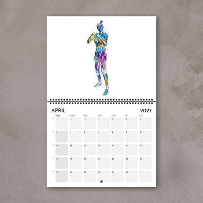 2027 anatomy wall art calendar April page showing human body muscles in boxing, sports watercolor painting