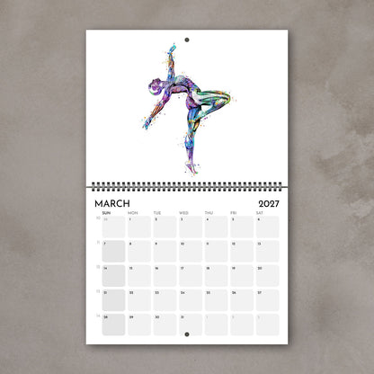 2027 anatomy wall art calendar March page with human body muscles of gymnast, sports medical watercolor illustrations