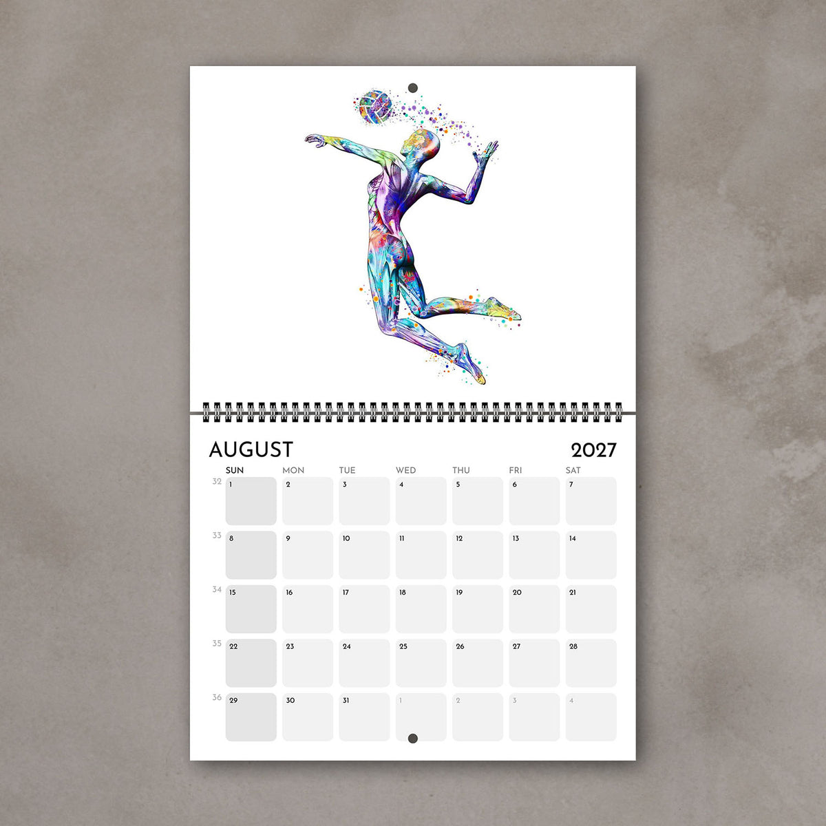 2027 anatomy watercolor wall art calendar August page displaying body muscles in volleyball, sports medical clinic decor